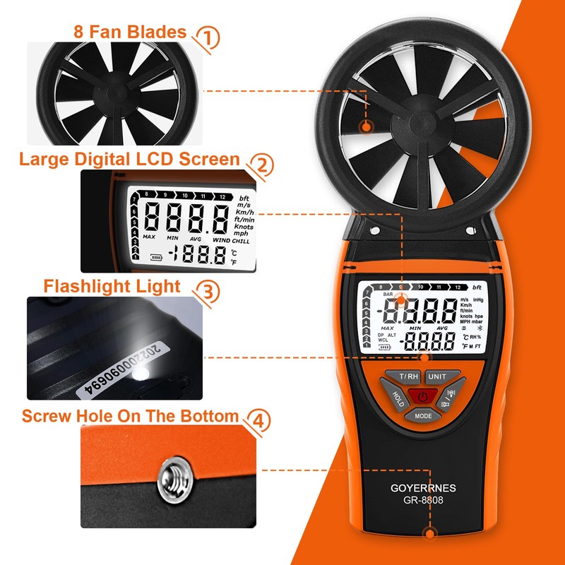 GOYERRNES Handheld Anemometer with Tripod, for Wind Speed Temp Humidity,