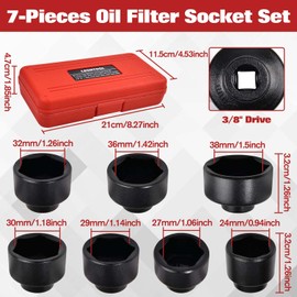 LEONTOOL 7-Piece Oil Filter Socket Set, 3/8" Drive Low Profile Oil Filter Cap Wrench Socket Set | 24mm, 27mm, 29mm, 30mm, 32mm, 36mm, 38mm | Aluminum Alloy, 6-Point Design, Storage Case Included