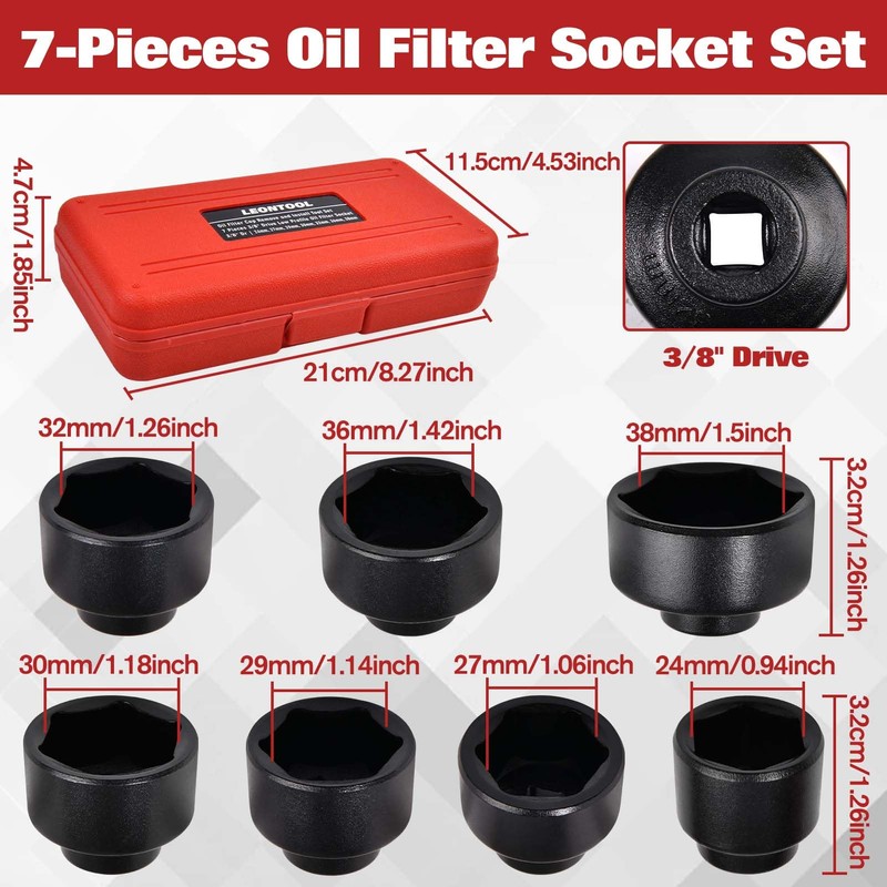LEONTOOL 7-Piece Oil Filter Socket Set, 3/8" Drive Low Profile