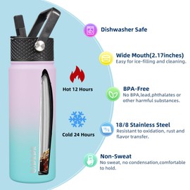 BJPKPK 2 Pack Insulated Water Bottles with Straw Lids, 22oz Stainless Steel Metal Water Bottle with 6 Lids, Leak Proof BPA Free Jugs, Cups, Flasks for Travel, Sports (Lavender Green+Black)