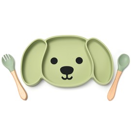 Match & Enjoy Plato para Bebé con Cubiertos, Plato en Silicona Libre de BPA para Niños, Vajilla para Bebé (Verde)