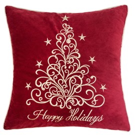 Homey COZY Embroidery Red Velvet Throw Pillow Cover, Merry Christmas Series Floral Tree Luxury Soft Fuzzy Cozy Warm Slik Decorative Gift Square Couch Cushion Pillow Case 20 x 20 Inch, Cover Only
