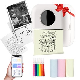 Mini Sticker Printer - Portable Wireless Thermal Printer with 3 Roll of Paper + 5 Colour Pencils,App Free, Easy to Use - for Diaries, Memos, Photos,Kids Gift(White)