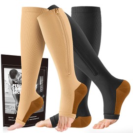 cerpite Zipper Compression Socks - 2 Pairs Open Toe Compression Stockings for Men Women 15-20mmHg,Suit for Running,Nurse