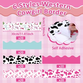 120Pcs Western Cowgirl Bulletin Board Border Western Theme Back to School Classroom Decoration Wild West Boots Cow Print Bulletin Scalloped Border Trim Stickers for Chalkboard Wall Decor 11.8 X 2.4in