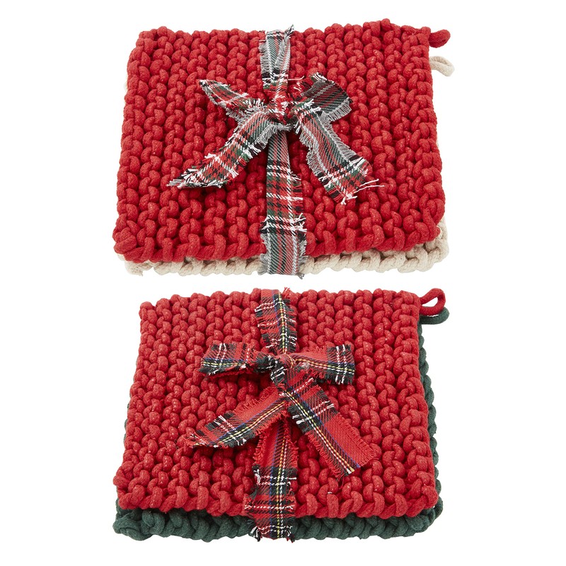 Mud Pie Christmas Crochet Pot Holder Set, Green & Red,