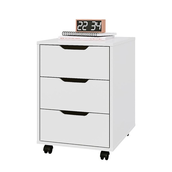 Panana Office Mobile File Cabinet with 3 Drawers, White Wooden Storage Unit with Caster Wheels Under Table Pedestal Side File Document Cabinet (White)