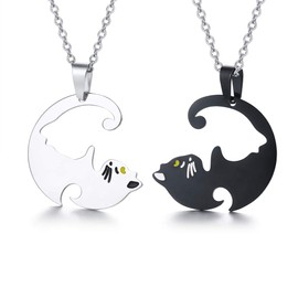 SINLEO 2pcs Set Stainless Steel Cat Dog Pendant Puzzle Matching Necklace for Couples Best Friends His Hers Lover Yin Yang Friendship Necklace, Cat