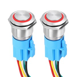 DMiotech 2 Pack 7/8 Inch Stainless Steel Momentary Push Button Switch Domed Head 5A 12-24V Silver Shell 6 Pin with Cable Socket Red Ring LED 1NO1NC for Car Boat Systems Custom Setups