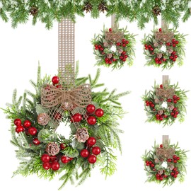 Dingion 4 Pcs Mini Christmas Cabinet Wreaths Artificial Small Kitchen Wreath 9 Inch Mini Faux Garland with Burlap Ribbon for Vintage Farmhouse Rustic Retro Front Door Porch Indoor Outdoor Decor