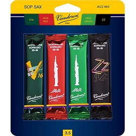 Vandoren SRMIXS35 Soprano Sax Jazz Reed Mix Card includes 1 each ZZ, V16, JAVA and JAVA Red Strength 3.5