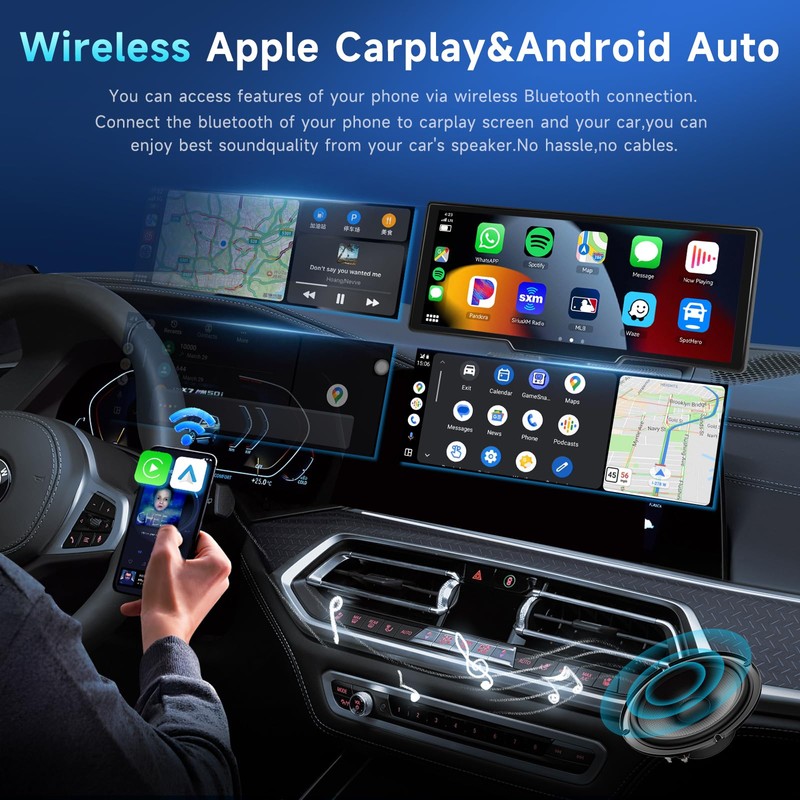 Podofo 10.26" Wireless CarPlay Car Stereo with 1080P Backup Camera,