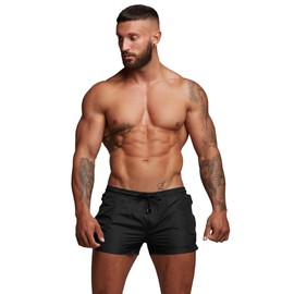 TONLEN Traje de baño deportivo para hombre con bolsillos con cremallera, Negro, Large