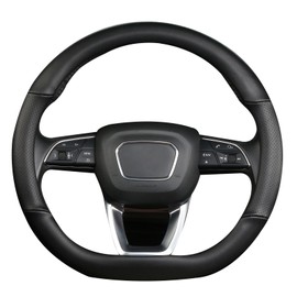 Cxtiy D Shaped Steering Wheel Cover, Genuine Leather Flat Bottom Stearing Wheel Cover Luxury Car Accessories 14.5-15 Inch (Black)