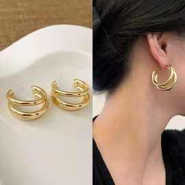 Unbranded 18ct Gold-Plated Triple Layer C-Shape Half Hoop Stud Earrings