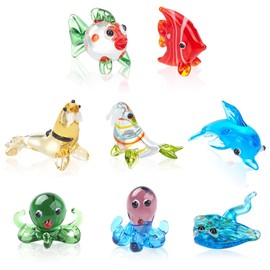 NBEADS 8 Pcs Sea Life Glass Figurines, Mini Marine Figurines Glass Miniature Manta Ray/Butterflyfish/Walrus/Dolphin/Octopus/Fish Handmade Colorful Lampwork Animal Figure for Fish Tank Decor Ornaments