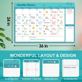 MaxGear Monthly Calendar Dry Erase Board for Wall, 36" x 24" Self-Adhesive Calendar Whiteboard, Wall Calendar White Board with 4 Dry Erase Markers, 1 Eraser, 4 Magnets, 1 Marker Holder for Office Home School