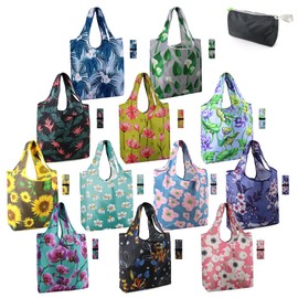 BeeGreen 12 Packs Flower Reusable Grocery Bags Reusable Tote Bags Extra Large 50LBS Cute Floral Design Foldable Reusable Bags for Women Men Lightweight Durable