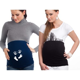 Mamaband Pregnancy Belly Band for Baby Ball in Double Pack 1 x Plain 1 x Print - Back Warmer and Shirt Extension for Pregnant Women - Elastic Maternity Wear, Dark Blue/Black
