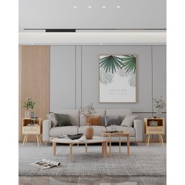 JOONEE Rattan Nightstand，Farmhouse Bedside Table with Storage Drawer and Open Shelf