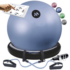 Millenti Exercise Ball Chair 65cm - Blue Yoga Ball Chair Stability Base Ring & Fitness Resistance Bands for Home, Gym, Pilates, Office Chair, Pregnancy Birthing Ball - Workout Chart, YB2LBL