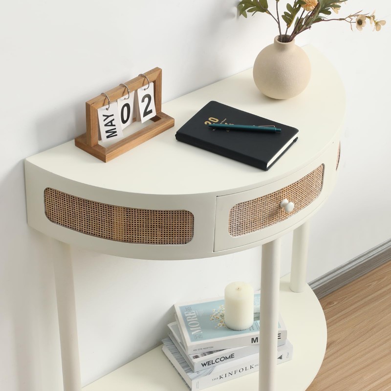 Wnutrees Rattan Half Moon Console Table, Modern Entryway Table with