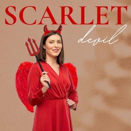 3pc Red Devil Costume Women - Ladies Devil Outfit with Red Angel Wings, Sequin Horns Headband and Pitchfork Kids Halloween Costumes Women Fallen Angel Wings Halloween Fancy Dress Accessories