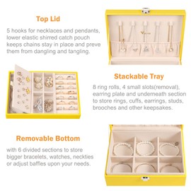 Voova Jewelry Box Organizer for Women Girls, 2 Layer Large Men Jewelry Storage Case, PU Leather Display Jewellery Holder with Removable Tray for Necklace Earrings Rings Bracelets, Vintage Gift, Yellow