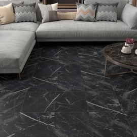 VaryPaper 10 Pack 12''x12'' Black Marble Peel and Stick Floor Tile Waterproof Vinyl Flooring Self Adhesive Vinyl Floor Tiles for Bathroom Kitchen Flooring Stickers Removable Sticky Tiles