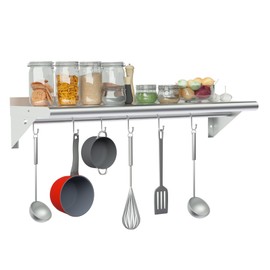 Treshin Stainless Steel Shelf with 6 Hooks 14 x 36 Inches, Commercial Wall Mount Floating Shelving Storage Pot Rack for Restaurant, Kitchen, Home, Bar and Hotel