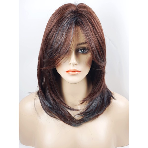 Medium Length Layered Wigs Dark Brown with Blue Highlights wigs Layered wig with bangs Synthetic wig Highlight wigs for white Women (Brown with Blue)