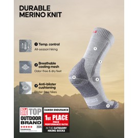 DANISH ENDURANCE Hiking Socks Women & For Men, Merino Wool Socks, Crew Mens, Womens Moisture Wicking, Work, Calcetines para Hombre, Grey, Large