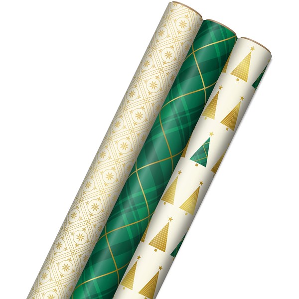 Hallmark Elegant Christmas Wrapping Paper with Cut Lines on Reverse (3 Rolls: 120 sq. ft. ttl) Gold Trees, Emerald Green Plaid, Gold Geometric Snowflakes