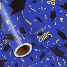 LeZakaa Blue Graduation Wrapping Paper Roll, Congrats Grad 2025", Caps & Diplomas Design with Confetti, Mini Roll, for Class of 2025 Graduation Gifts Wrap, 17 inches x 16.4 Feet