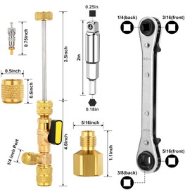 WADEO Valve Core Remover Tool and HVAC Service Wrench Set with Hex Bit Adapter, Dual Size SAE 1/4 & 5/16 Port, 10 PCS Valve Cores with Teflon Seal, 5 PCS Brass Nuts for HVAC Equipments Repair