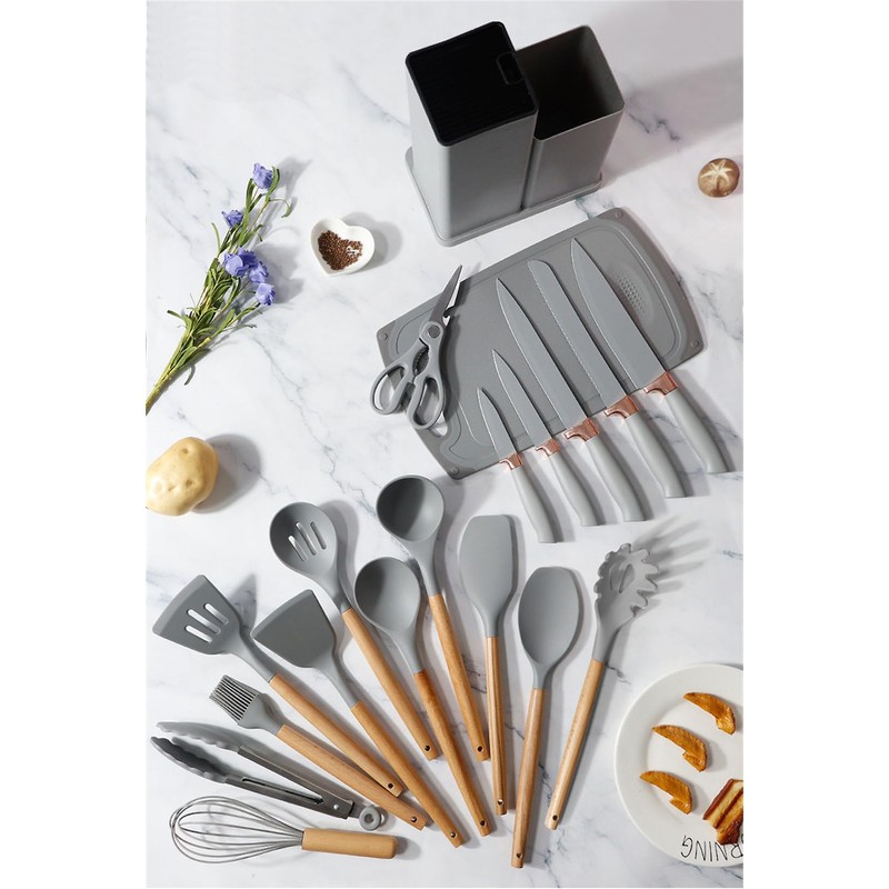 Cherry Pink 19 Piece Kitchen Utensils and Knife Set with