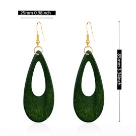 KVANU Bohemian Retro Black Brown Natural Wooden African Teardrop Dangle Drop Earrings Lightweight Handmade Long Big Vintage Wood Geometric Earrings for Women (Style-1-Green)