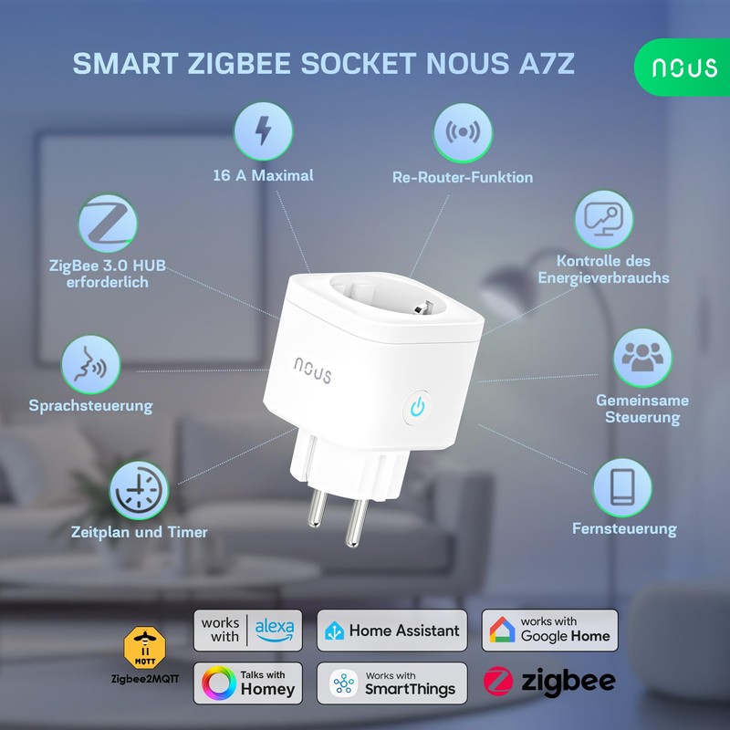NOUS A7Z ZigBee Smart Socket with Energy Monitoring, 16A, App