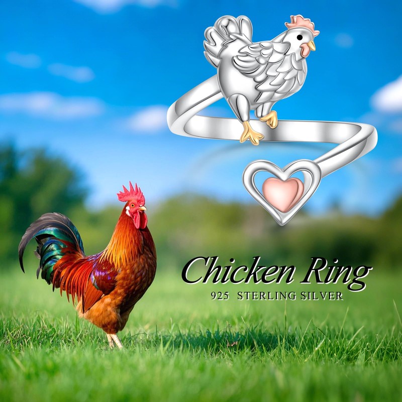 Alphm 925 Sterling Silver Hen Chicken Ring for Women Adjustable