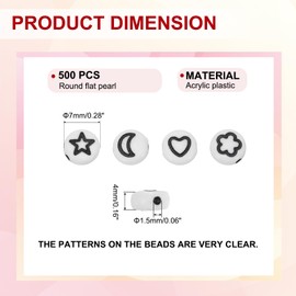 sourcing map 500 Pcs White Acrylic Star Moon Heart Flower Beads, 7x4mm Flat Round Disc Coin Pony Beads with Black Pattern for Jewelry Making DIY Friendship Bracelets Necklace