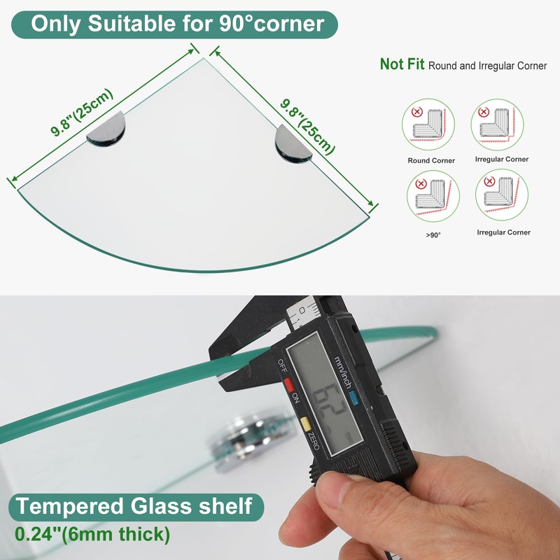 Glass Corner Shower Shelves, Tempered Floating Glass Shelves Wall Mount,