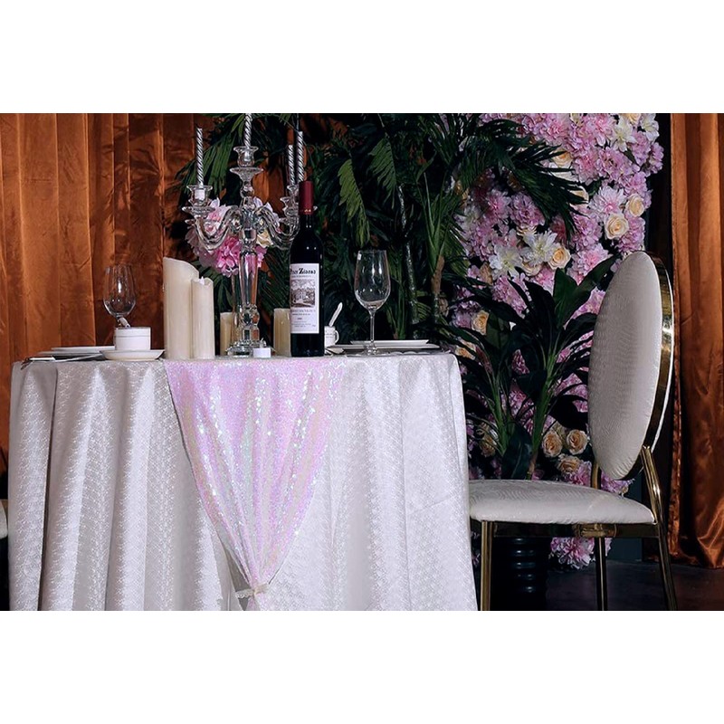 JYFLZQ Iridescent White Sequin Table Runner 12" x 72" Sparkly