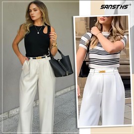 SANSTHS 2 Pack Thin Ladies Waist Belt for Dresses Jeans Pants, Skinny Womens Belt with Antique Gold Buckle, Black+White S