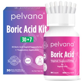 Pelvana Boric Acid Suppositories for Women 30 + 7 Applicators = 37 Piece Kit for Vaginal Odor - Third-Party Lab Tested & Made in The USA