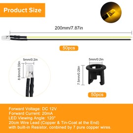 Lyeteung 50 PCS 5mm 12V Prewired LED Diodes Light, Yellow, 20cm Prewired LED Light Emitting Diode + 50 PCS 5mm Plastic LED Holder