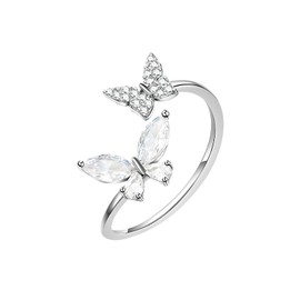 Anillo de Plata TREE NEST Anillo Ajustable Diseño de Dos Mariposas para Mujer con Circonita Cúbica, Anillos de Mujer Anillo de Boda Regalo Ideal para Mujeres Tamaño Universal 30058