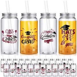 Jingmore 24 Pcs Graduation Cups with Straws Bulk 13.5 oz Class of 2025 Plastic Mason Jars Reusable Tumbler Coffee Tea Hot Cocoa Beverage Happy Graduation Tumbler for Congrats Grad Party Gifts(Maroon)