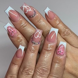 LunarCharm French Press on Nails with Strass Mittel Fake Nails White French Nails Press ons Heart Bow Stick-on Nails, Square Acrylic Nails Heart Nails Stick-on Nails