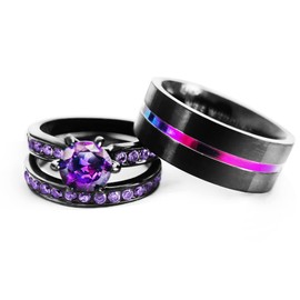 His Hers Wedding Ring Sets Couples Matching Rings Women's 18k Black Gold Filled Violet CZ Wedding Engagement Ring Bridal Sets & Men's Tungsten Carbide Wedding Band, women's size 5 & men's size 9,