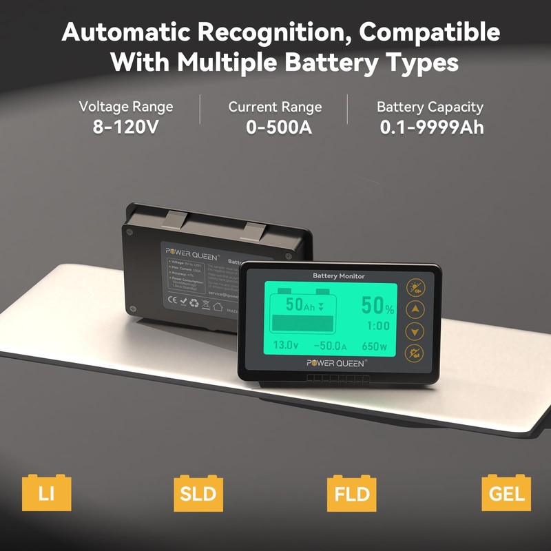 power queen 500A Battery Monitor with Shunt | Programmable Alarm